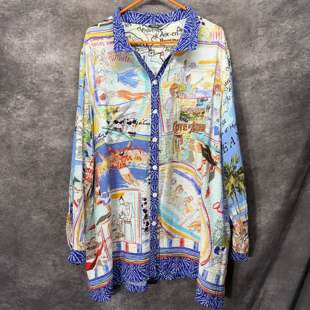 John Mark Saint Tropez Cote D'Azur Map Print Button Down Tunic Shirt Size 2X